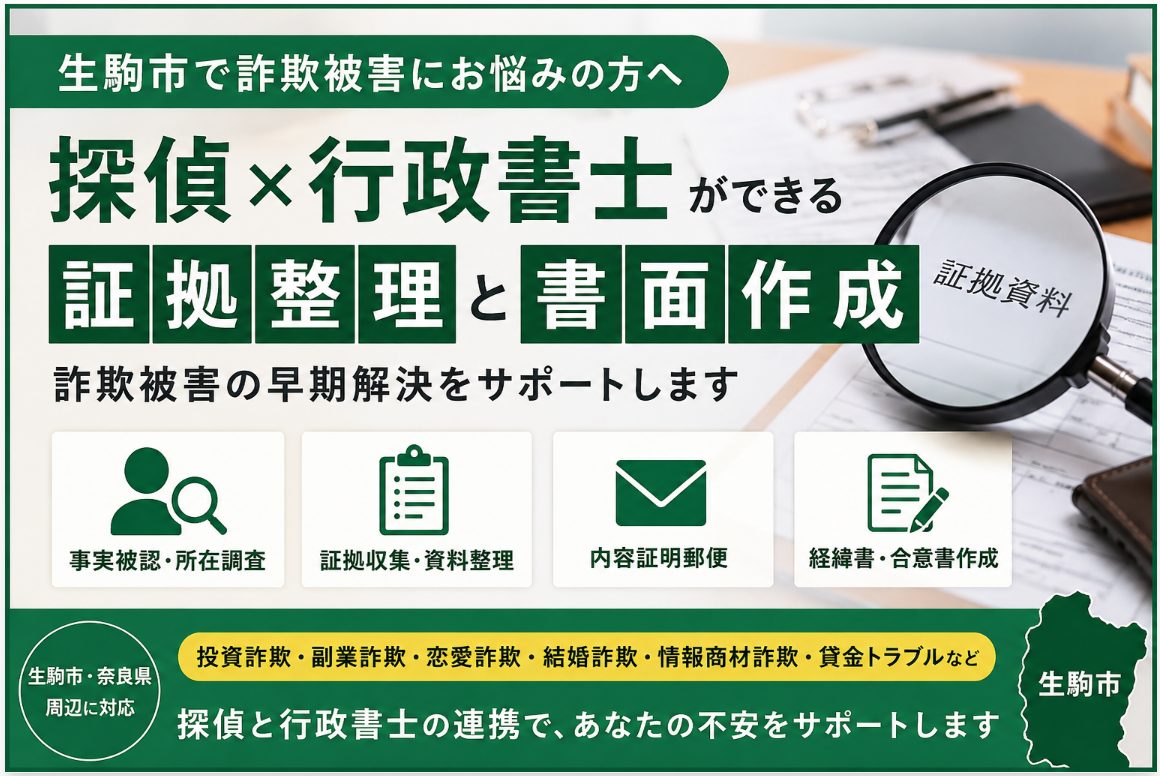 生駒市で詐欺被害にあった｜探偵兼行政書士ができる証拠整理と書面作成